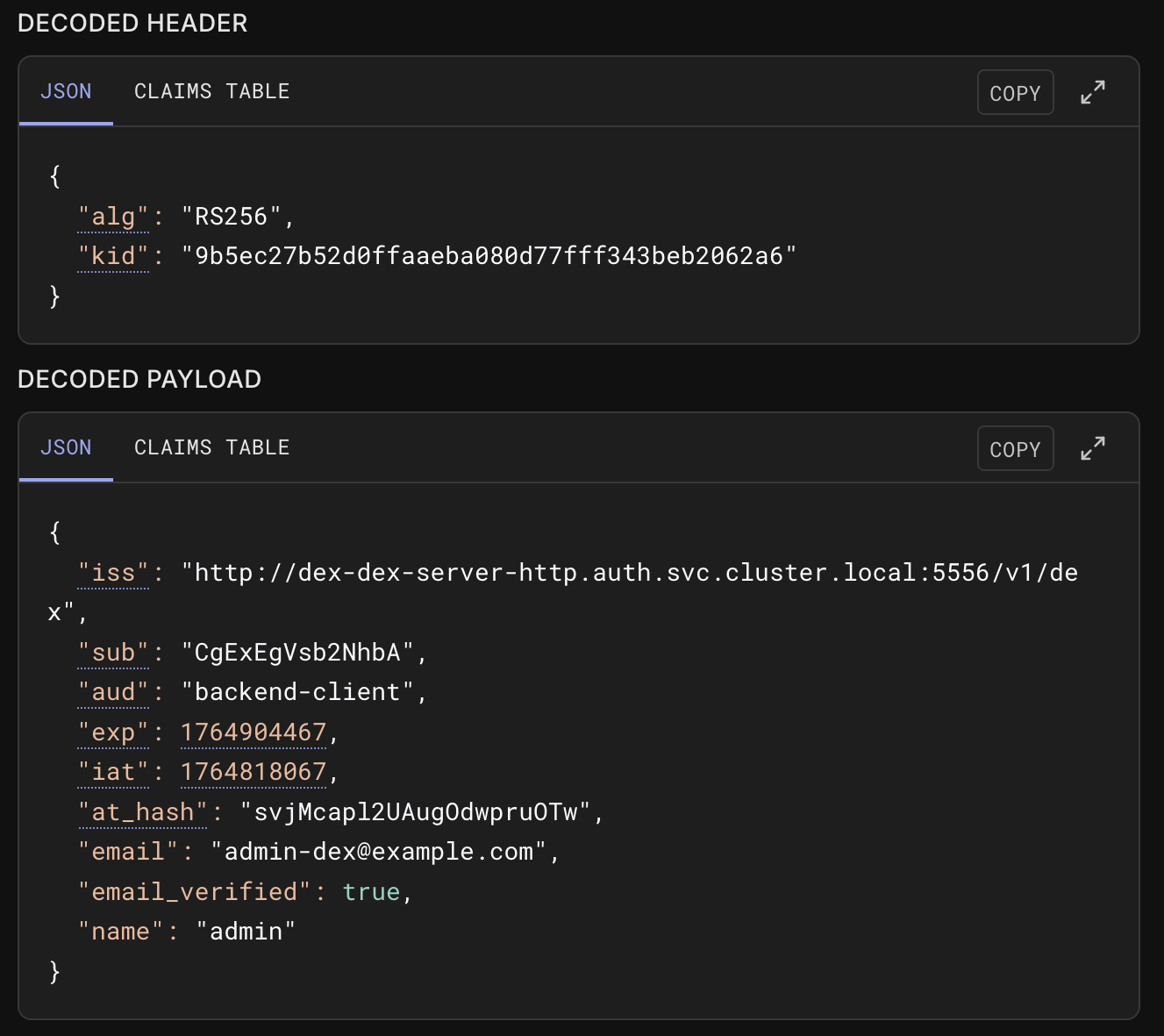 a jwt token decoded showing email, issuer and other important info